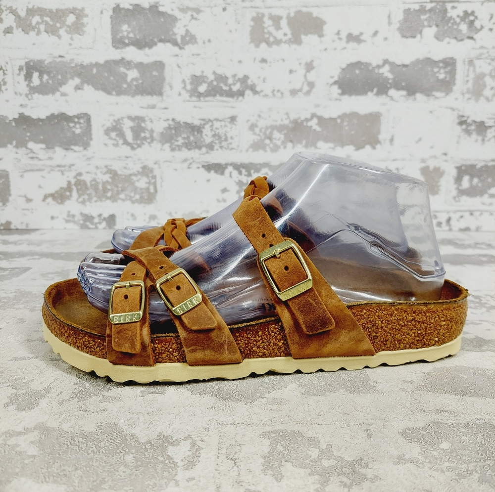 Birkenstock Womens Suede Triple Strap Sandal in Cognac